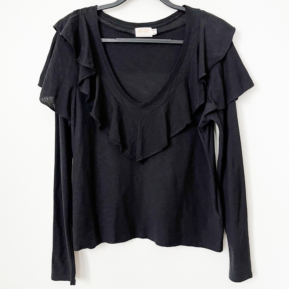 Nation LTD Kelsey Ruffled Romance Deep V Neck Tee Black Pima Cotton Womens Large